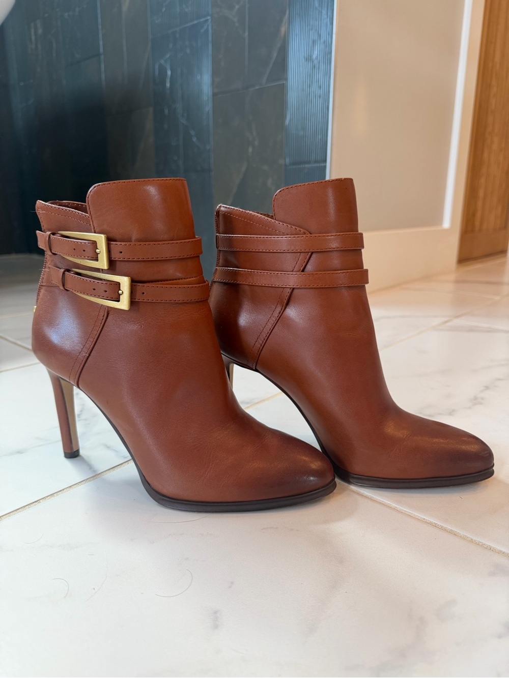 Vince Camuto Cognac Leather Ankle Booties with Dual Buckles